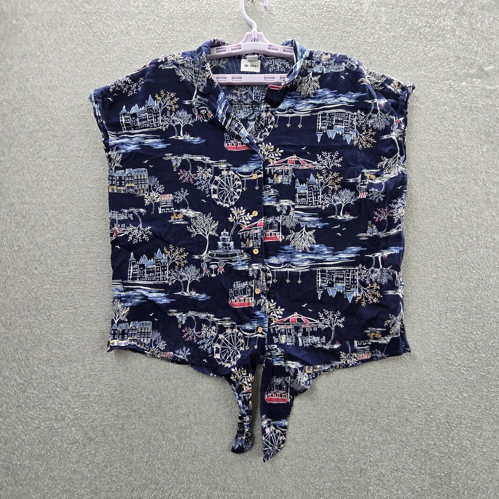 Old Navy Women Button Up Shirt L Blue Graphic Notch Scenic Short Sleeve